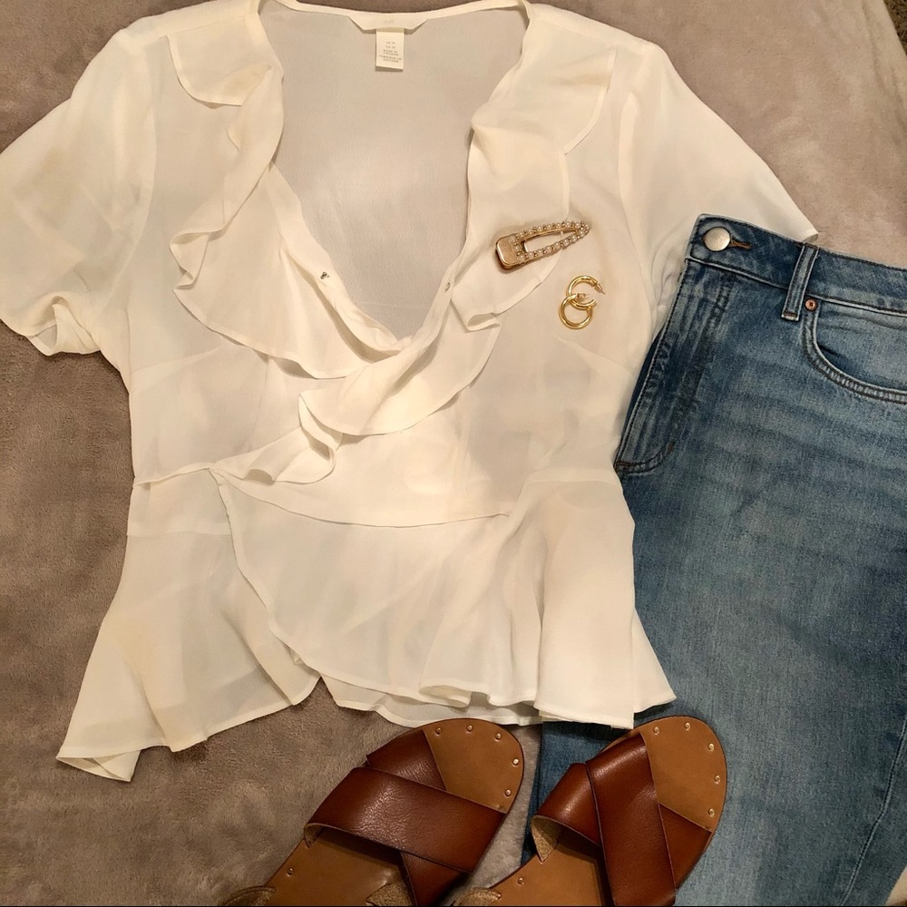 H&M White Ruffle Wrap Peplum Top